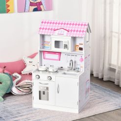 Alternative view of Vente flash ❤️ HOMCOM Cuisine Bois Jeu D'imitation - Maison De Poupée Cuisine Enfant 2 En 1 - Nombreux Accessoires & Rangements Inclus - MDF Pin Rose Blanc ⭐